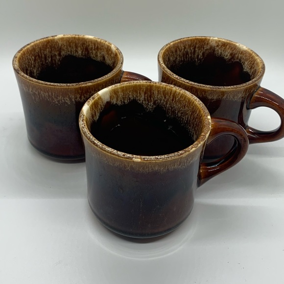 Vintage USA Brown Drip Glaze Coffee Mugs. Set of 3 - Picture 1 of 10